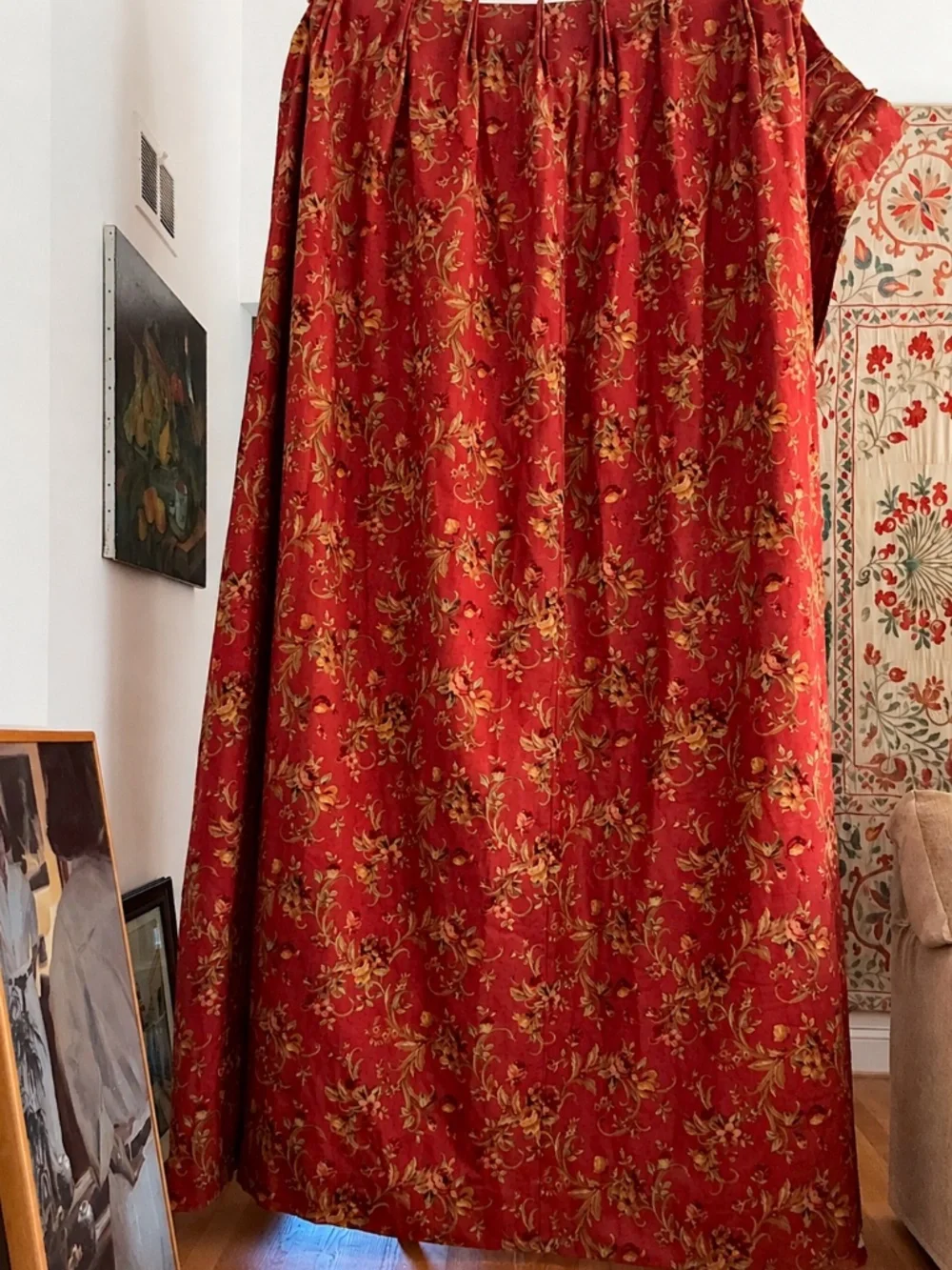 French Country Custom Pleated Drapes Floral Baroque Scroll Red 2 @ 105